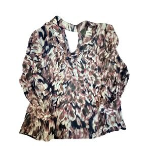 Torrid Abstract Print Long Sleeve Blouse Pink Burgundy Cutout Back Size 2 2X